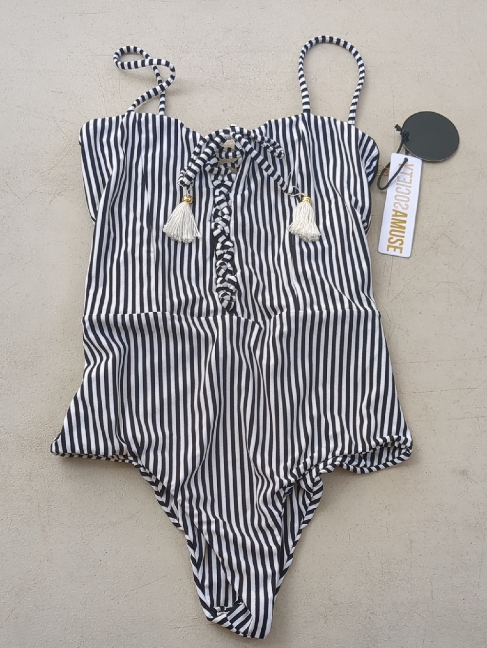 Amuse Society Navy and White Vertical Stripe One-Piece Swimsuit
